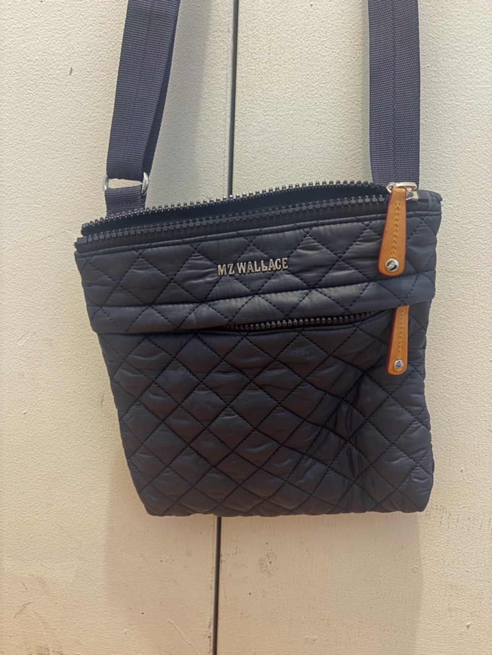 MZ Wallace Navy Quilted Crossbody with Tan Pulls
